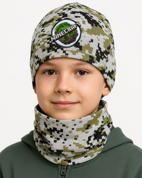 Dětský Minecraft set - čepice a nákrčník s camo vzorem