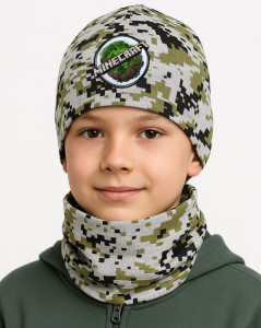 Dětský Minecraft set - čepice a nákrčník s camo vzorem